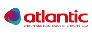 Atlantic : Chauffage électrique et Chauffe-eau Logo Atlantic rouge avec symbole abstrait coloré, et le slogan CHAUFFAGE ÉLECTRIQUE ET CHAUFFE-EAU.