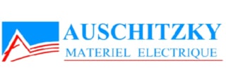 Auschitzky Matériel Électrique: votre fournisseur de confiance Logo Auschitzky Matériel Électrique: un A stylisé rouge avec des lignes horizontales rouges sur fond bleu.