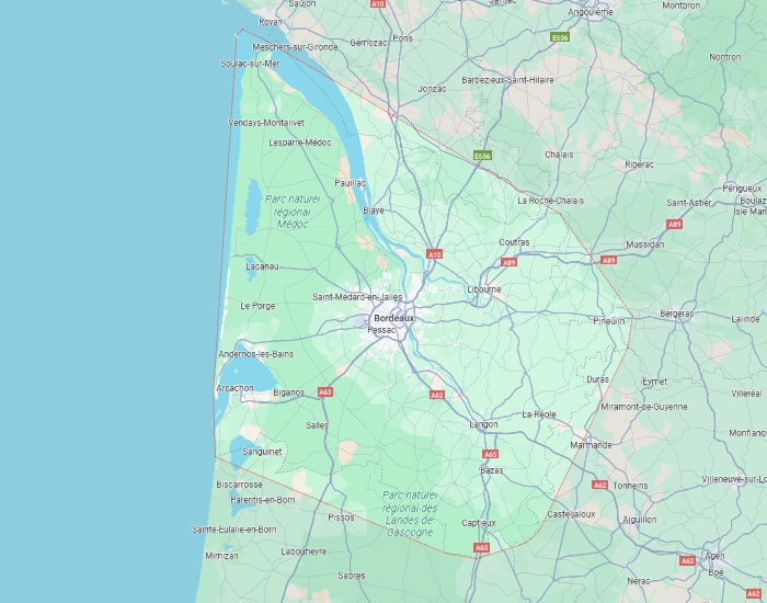 Carte détaillée Bordeaux : Villes, autoroutes, parcs naturels Gironde Carte de la région de Bordeaux, France. Villes (Bordeaux, Arcachon, Libourne) et autoroutes A10, A89, A62, A63, A65. Parcs naturels.
