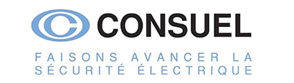 CONSUEL : Avancer la sécurité électrique ensemble. Logo CONSUEL en bleu et noir avec le slogan "Faisons avancer la sécurité électrique".