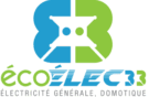 Logo écoÉLEC33, symbole abstrait bleu et vert d'une connexion électrique. Le texte affiche « écoÉLEC33 ÉLECTRICITÉ GÉNÉRALE, DOMOTIQUE ».