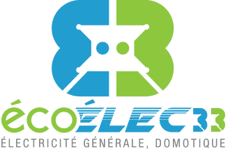 Logo écoÉLEC33, symbole abstrait bleu et vert d'une connexion électrique. Le texte affiche « écoÉLEC33 ÉLECTRICITÉ GÉNÉRALE, DOMOTIQUE ».