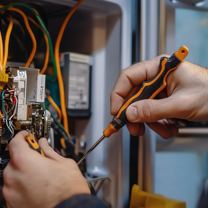 Électricien réparant un panneau électrique, utilisant deux tournevis sur des fils colorés et circuits. Étiquette visible: PIGI G.