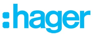 Hager Logo Officiel – Équipements Électriques et Bâtiment Logo Hager bleu clair avec un symbole de deux points au début. Représente la marque d'équipements et solutions électriques.