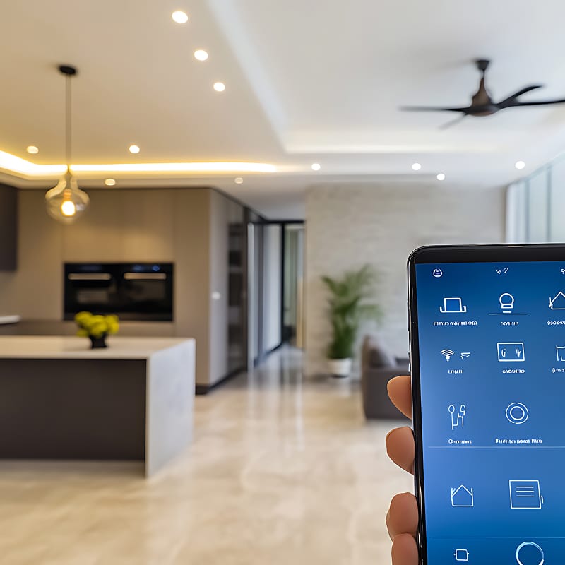 Main contrôlant une maison connectée via une application domotique sur smartphone, avec une cuisine moderne et un salon lumineux visible en arrière-plan.