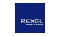 Logo Rexel | Fournisseur de Matériel Électrique Logo Rexel sur fond bleu foncé, affichant le texte "REXEL" en argent stylisé et "MATÉRIEL ÉLECTRIQUE" en dessous.