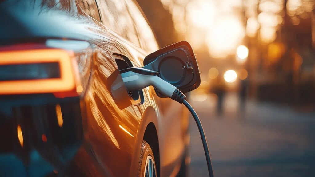 Voiture électrique en charge lors d'un coucher de soleil doré, illustrant la mobilité durable.